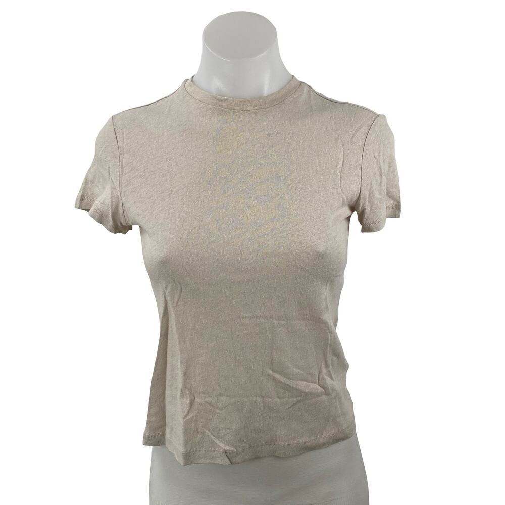 NEW Weekday Women's Beige Linen Fitted Mock Short Sleeve T Shirt Tee Top Size S